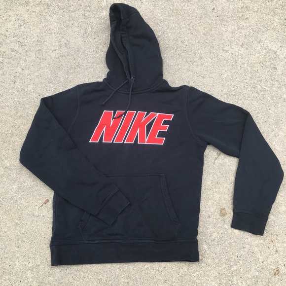 black nike hoodie red writing